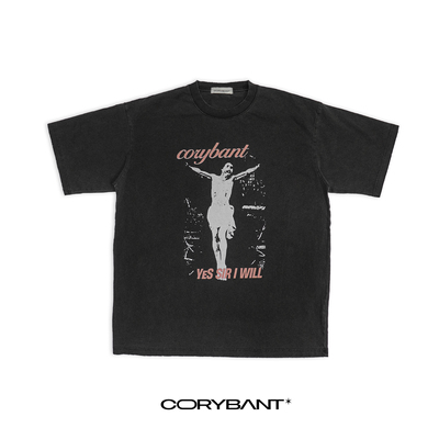 水洗做旧复古囚徒印花磨边T恤