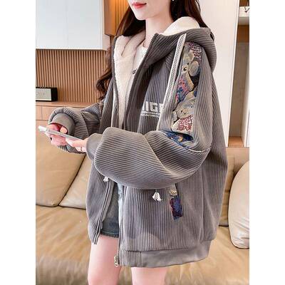 灯芯绒羊羔毛外套女秋冬季加绒加厚外套2025新款初高中学生棒球服