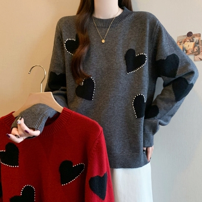 实拍秋冬新大码低领2025爱心红色毛衣内搭针织打底衫套头上衣洋气