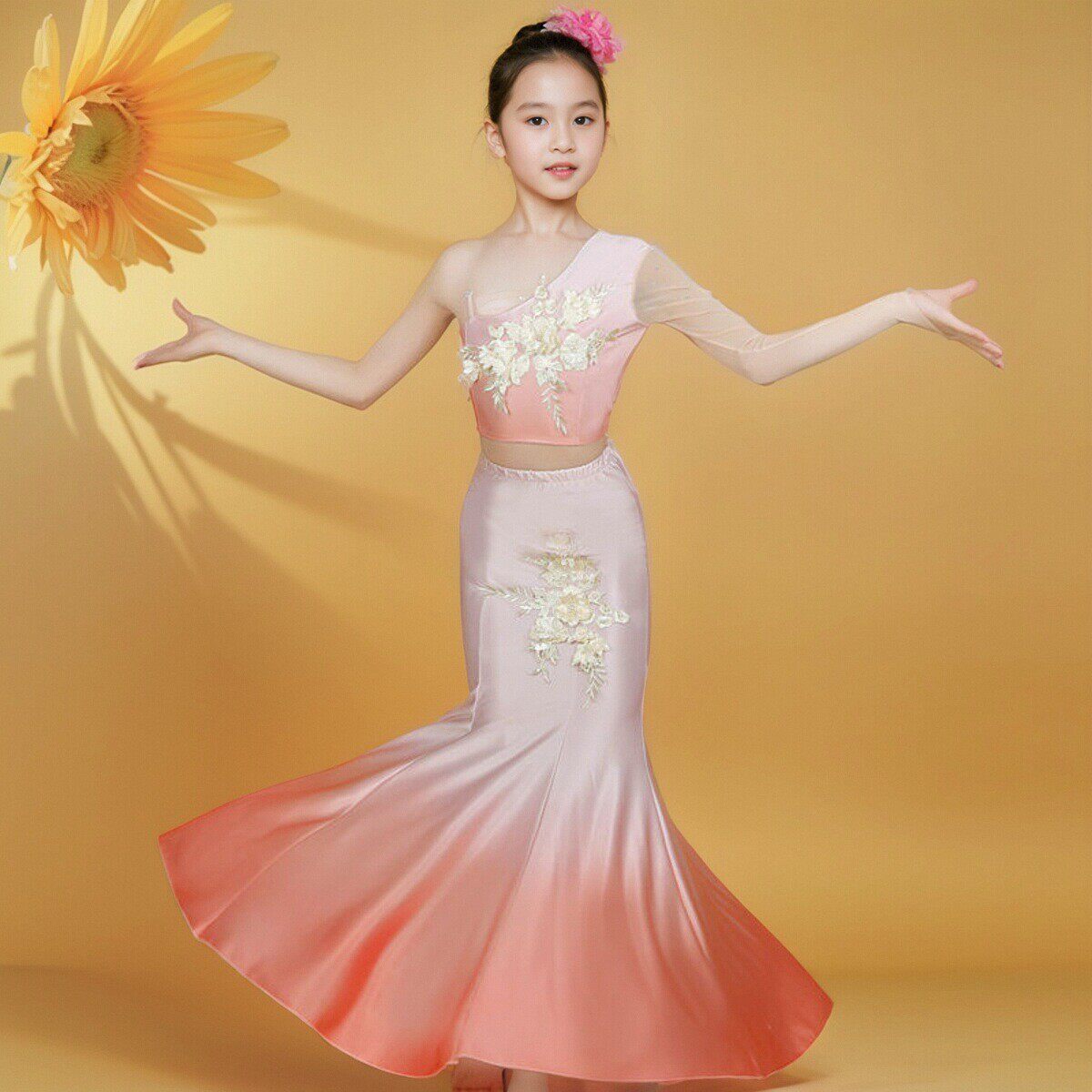 新款儿童傣族舞蹈演出练功服少儿女艺考舞裙表演服孔雀舞鱼尾裙