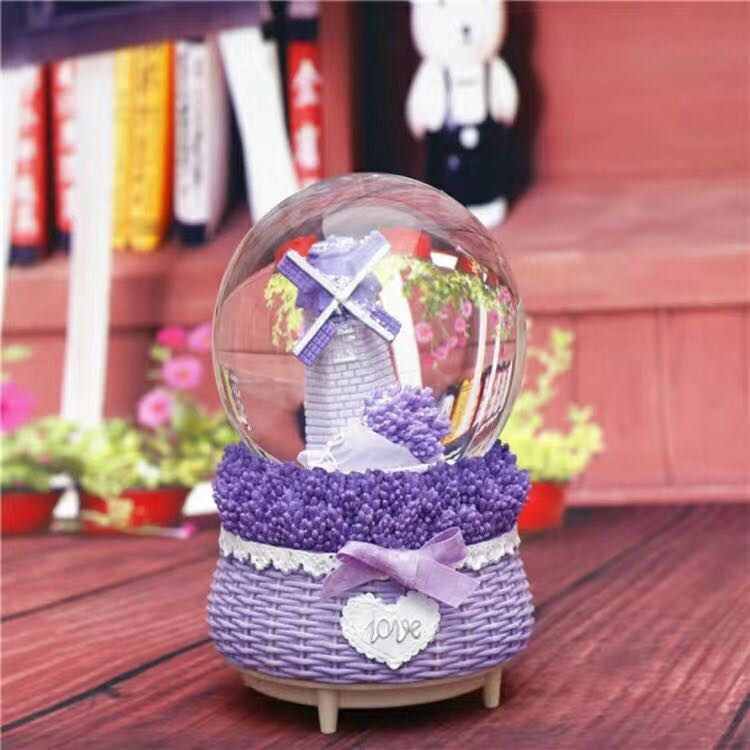 创意音乐盒中号风车彩灯雪花水晶球田园生日礼物家居装饰摆件包邮