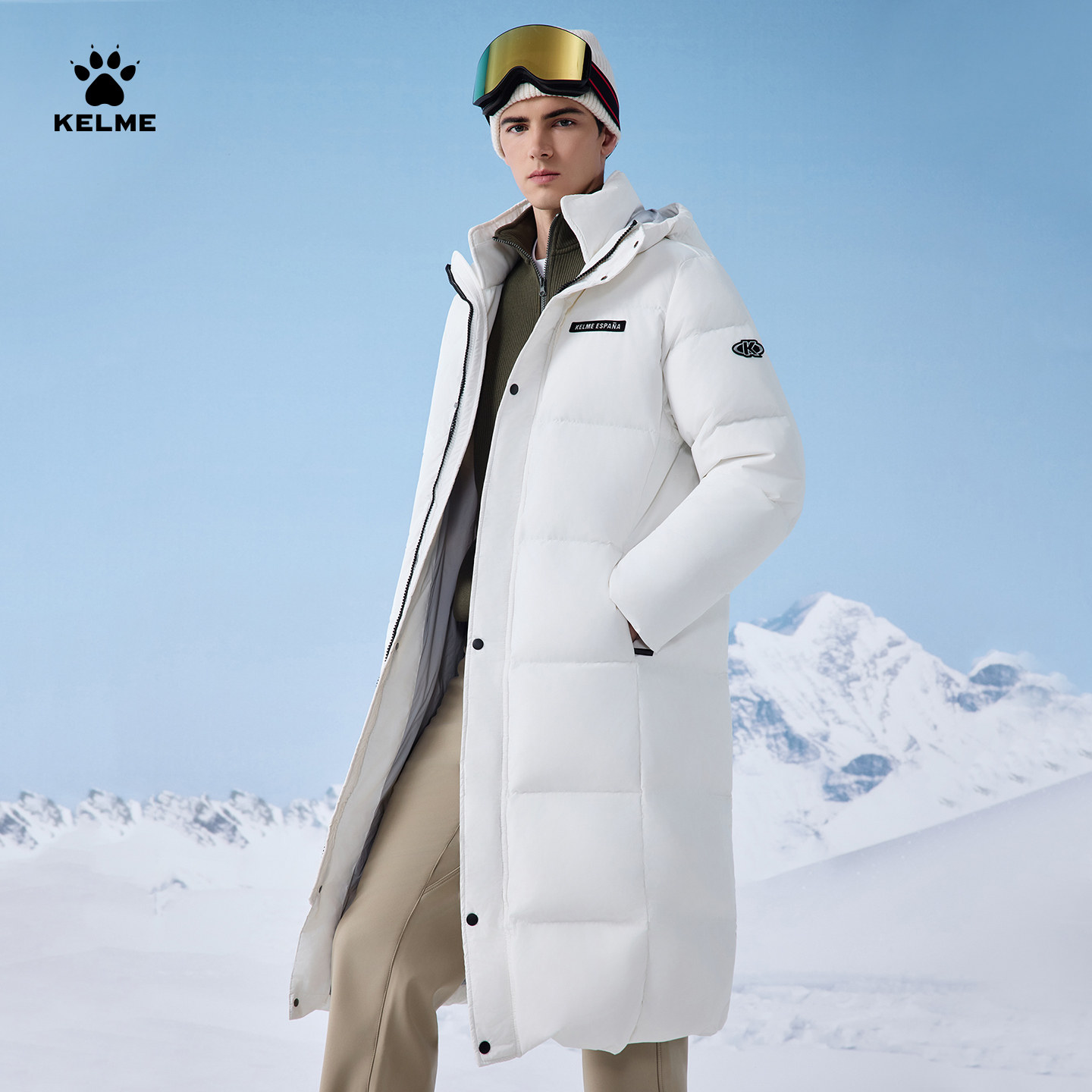 KELME卡尔美长款运动羽绒服男女冬季情侣款连帽防风保暖过膝大衣