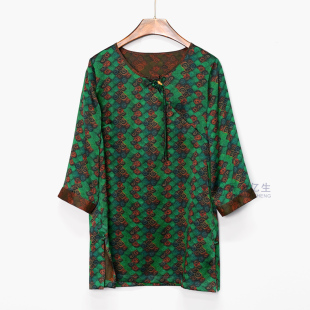 女士绿色上衣宽松百搭衬衫 圆领短袖 X3181 红云纱老段夏季 绿森林