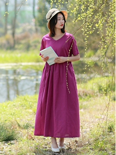 连衣裙 长款 玫紫苎麻2023夏季 V领长裙文艺裙棉麻民族风大摆裙短袖