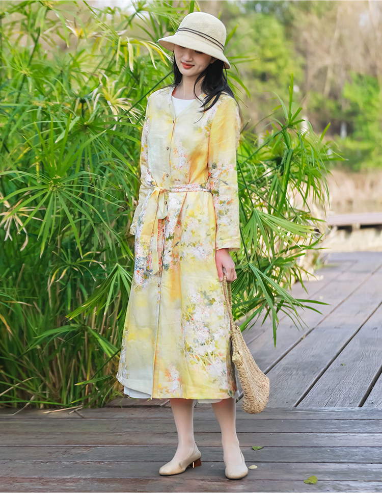 乱在江南原创设计苎麻印花风衣外套防晒秋季V领长款空调衫连衣裙使用感如何?