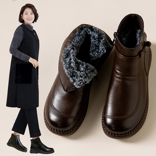 不累脚防滑妈妈鞋子棉鞋加绒保暖舒适软底中老年老人短靴皮鞋冬季
