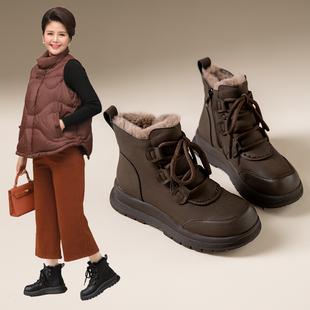 真皮加绒妈妈厚底鞋防滑软底雪地靴中老年舒适不累脚棉鞋短靴冬季
