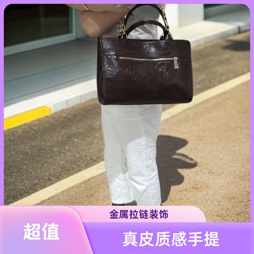 SEOSEOO袋鼠纯色高级质感女包复古简约通勤托特包宽肩带手提包金
