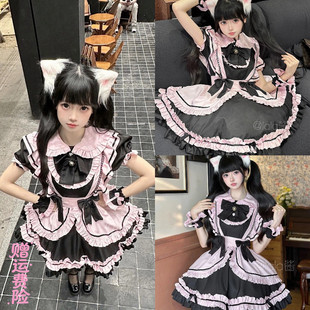 【高品质】日系猫咪黑粉女仆装少女lolita蝴蝶结cos铃铛连衣裙