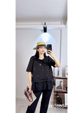 26604香港芸卉2026夏季新款大码女装显瘦上衣蕾丝短袖T恤半袖小衫