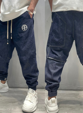 秋季新款牛仔裤男潮牌刺绣蓝色宽松弹力休闲裤束脚魔术贴哈伦长裤