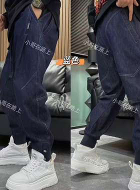 春夏季新品爆款明线蓝色水洗工艺青年男士束脚痞帅高级休闲牛仔裤