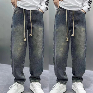 加厚加绒美式复古渐变色牛仔裤男冬季阔腿垂感直筒高个子休闲长裤