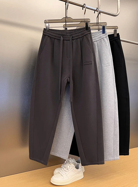 秋冬新款加厚磨毛宽松直筒微锥休闲裤高级感纯色弯刀男士纯棉卫裤