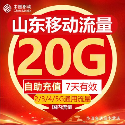 山东移动流量充值20GB流量包叠加包2/3/4/5G全国通用流量7天有效