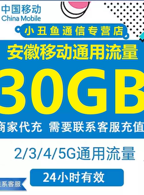 安徽移动流量30GB移动流量加油包4/5G通用手机流量充值24小时有效