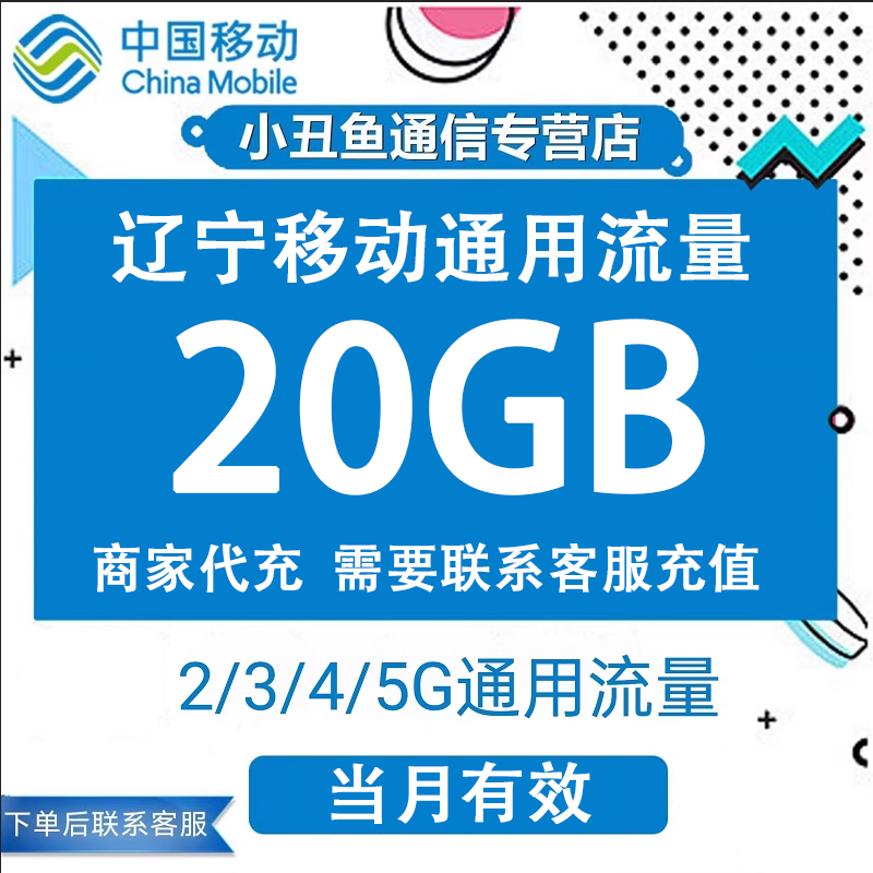 辽宁移动流量充值20GB流量包叠加包2/3/4/5G全国通用流量当月有效
