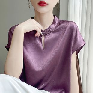 新中式盘扣香云纱真丝短袖女夏新款桑蚕丝显瘦醋酸缎面圆领T恤