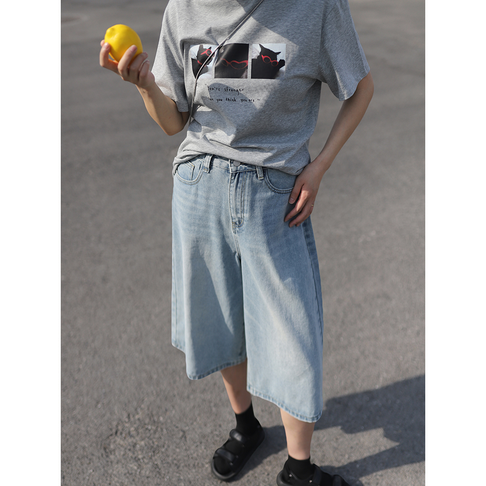 故岛复古浅色直筒七分牛仔裤女夏季新款高腰中裤宽松显瘦阔腿裤子