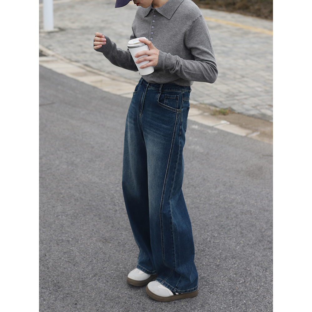 故岛美式复古直筒牛仔裤女2025秋季高腰显瘦宽松垂感阔腿拖地长裤