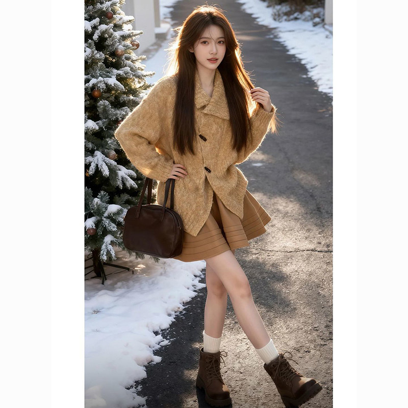 韩系爆款气质麻花毛衣设计时尚开衫外穿新款减龄短裙高腰半身裙女