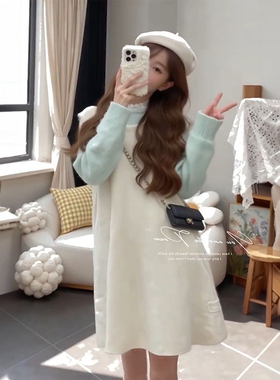 法式小个子简约学院风绿色花边针织衫叠穿米白背心针织裙两件套装