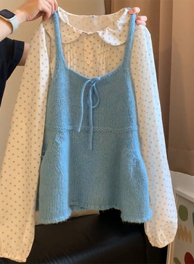 入秋穿搭一整套甜美减龄风气质内搭娃娃领波点衬衫+针织吊带背心