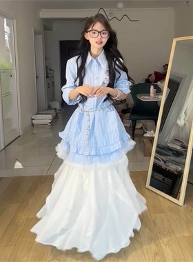 韩系学院风蕾丝拼接条纹翻领衬衫连衣裙女搭配白色半身裙两件套装