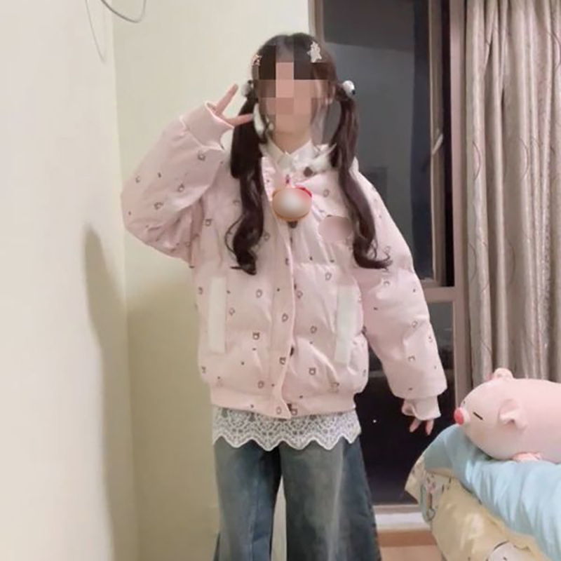 甜美风可爱粉色毛领连帽印花外套女秋冬季宽松加厚防寒小个子棉袄