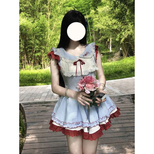新款 温柔超仙蝴蝶结拼接格纹连衣裙女夏季 甜美系带收腰公主蓬蓬裙