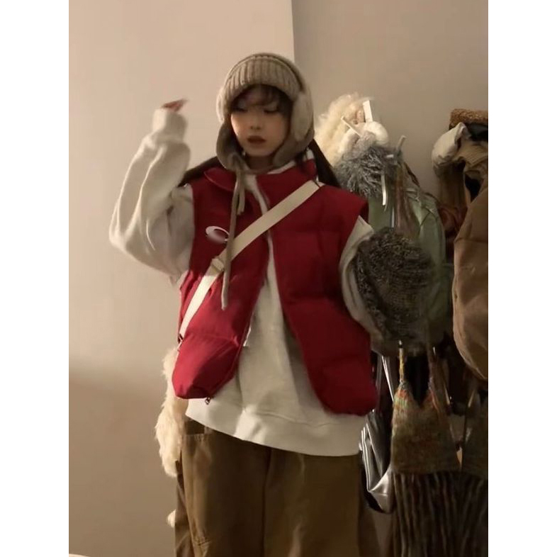 慵懒风设计感独特红色复古马甲棉服女无袖短棉袄氛围感保暖外套