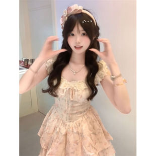 粉色碎花连衣裙女收腰显瘦公主短裙子 日系甜美温柔风小个子飞飞袖