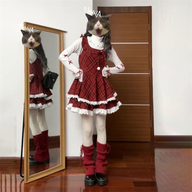 韩系复古风穿搭一整套毛球红格子背心蛋糕裙女+花边领蝴蝶打底衫,女装/女士精品,时尚套装,淘宝优惠券,粉丝福利购,淘宝优惠卷