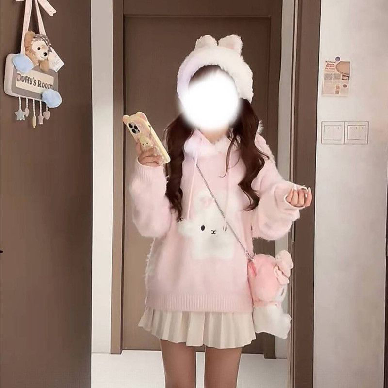 日系甜美小个子可爱兔子提花连帽毛衣女生秋冬宽松软糯保暖针织衫