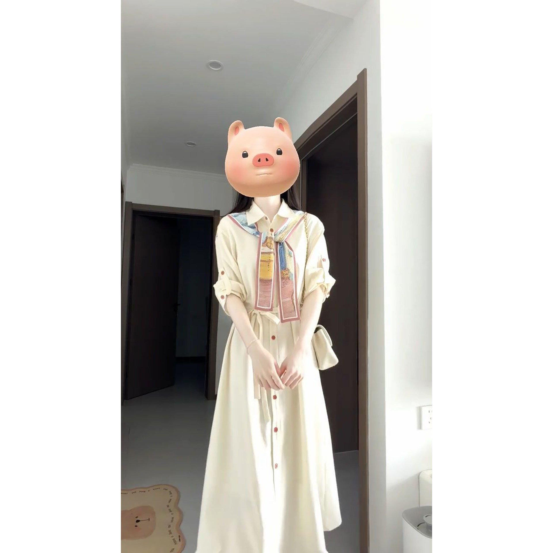 夏季通勤温柔艺术感油画印花领带衬衫连衣裙甜美减龄显瘦洋气长裙