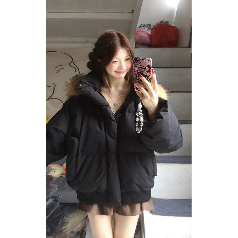 法式复古氛围感冬日新款加厚保暖黑色连帽毛领棉服简约通勤风外套