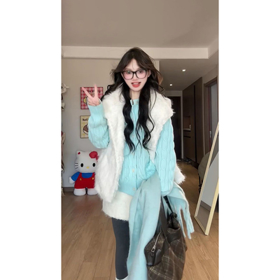 2025冬季新款软乎乎毛毛马甲背心女叠穿圆领针织开衫毛衣女两件套