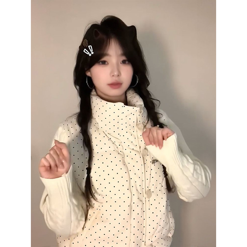 甜美学院风小个子杏色波点针织拼接棉服女冬季新款保暖立领外套潮