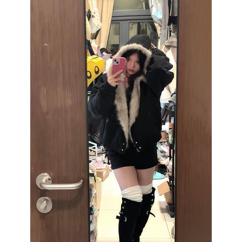 美式复古座山雕毛茸茸黑色连帽棉衣女生冬季新款加厚保暖夹克外套,女装/女士精品,棉衣/棉服,淘宝优惠券,粉丝福利购,淘宝优惠卷