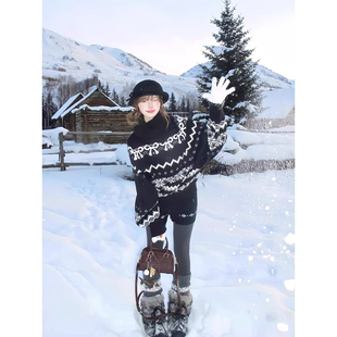 多巴胺秋冬圣诞复古提花针织毛衣搭配短裤黑白色费尔岛毛衣套装女