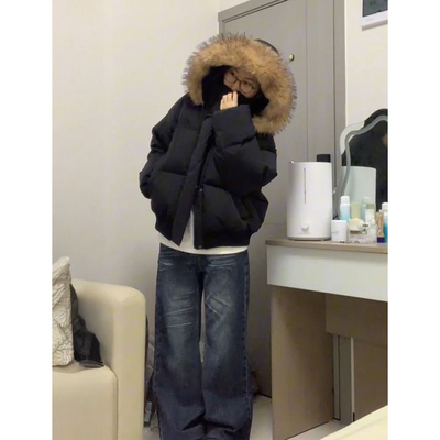 黑色棉服yyds毛领保暖连帽棉服女学生日常慵懒风加厚棉袄秋冬外套