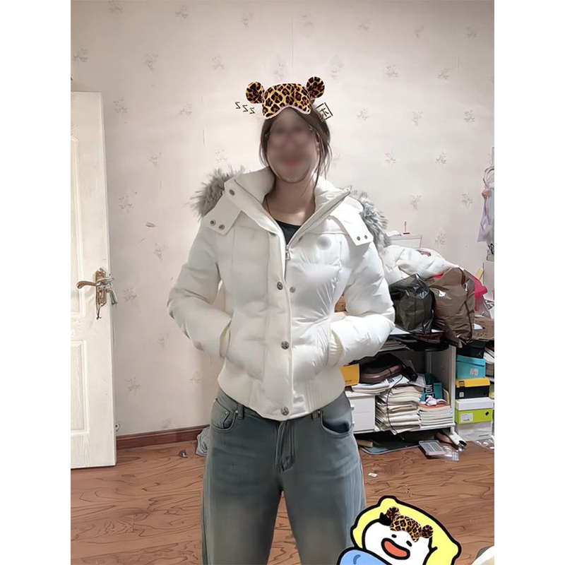 优雅学院风米白色连帽毛领棉服女学生设计保暖宽松时尚慵懒棉衣潮