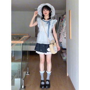 韩系温柔少女风蓝色小飞袖 系带上衣女搭配高腰花苞裙夏季 两件套装