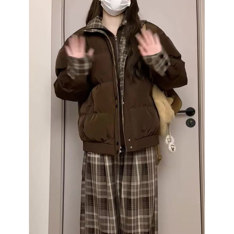 宽松保暖双层领设计感格纹棉服