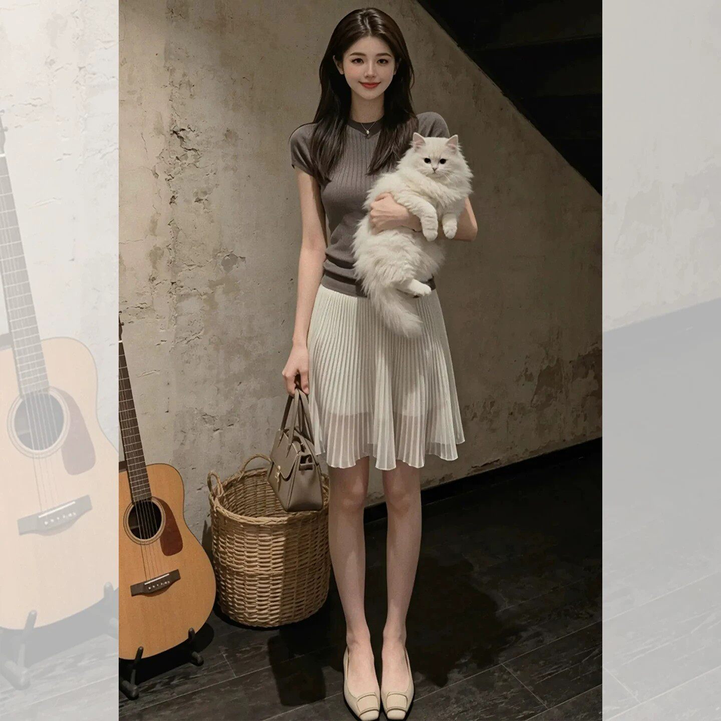 法式温柔休闲气质感灰色修身显瘦短袖上衣搭配条纹半身裙两件套装