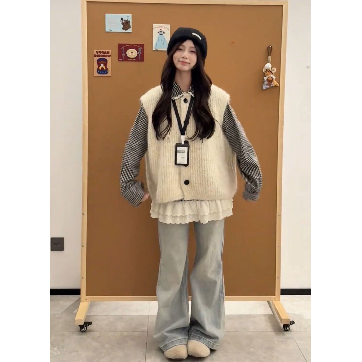 蕾丝拼接格纹衬衫+针织马甲开衫