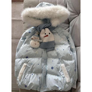 多巴胺甜美奶呼呼雪花毛领连帽棉服女冬季新款加厚保暖休闲面包服