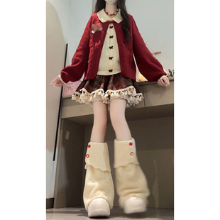 圣诞新年穿搭一整套假两件娃娃领红色毛衣针织开衫女冬季格纹短裙