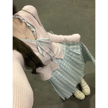 2025春季新款多巴胺甜美假两件开衫毛衣+蓝格子半身长裙两件套装