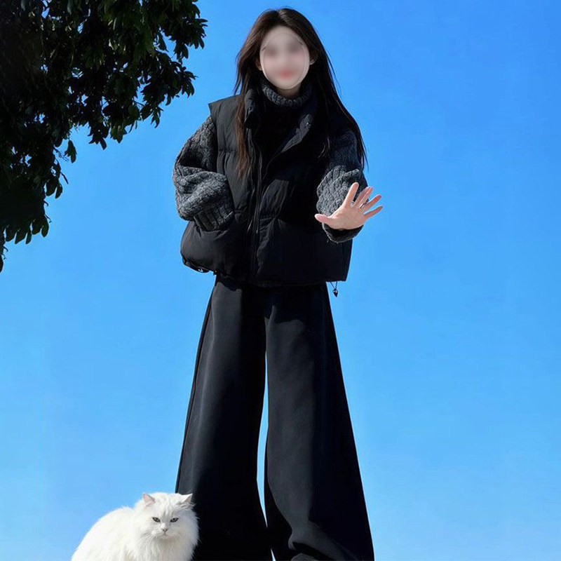 文艺风穿搭一整套穿搭保暖黑色马甲外套女学生高领针织毛衣阔腿裤,女装/女士精品,时尚套装,淘宝优惠券,粉丝福利购,淘宝优惠卷
